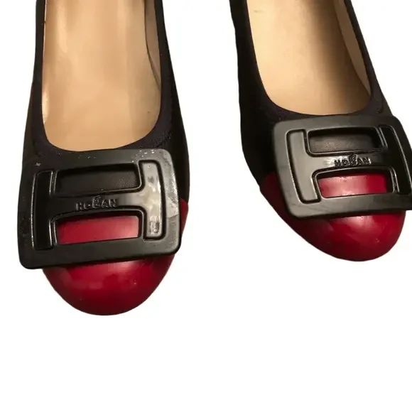 Hogan Block Heel Pumps Black with Red Cap Toe Leather and Patent 2" heel size 38 - Picture 3 of 15